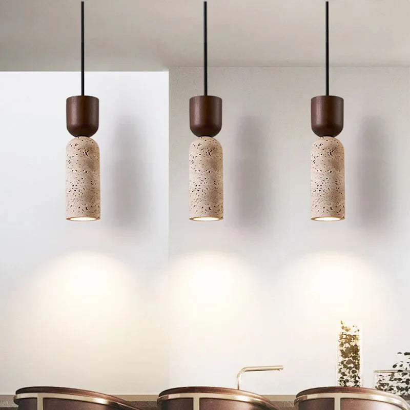 Hanglamp Travertijn & Hout – Wabi-Sabi Japandi Pendel voor Slaapkamer
