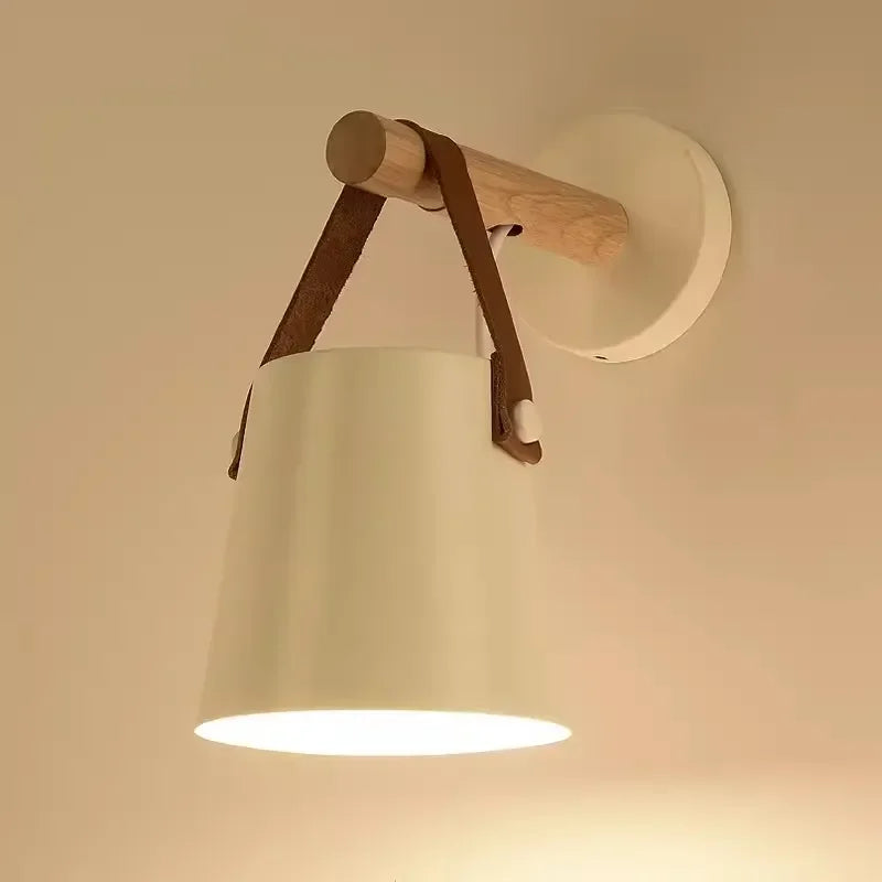 Wandlamp Hout & Leer – Nordic Bedlamp met Verstelbaar Snoer