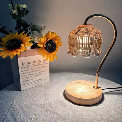 Kaarsverwarmer Lamp Retro – Dimbare Wax Smeltlamp met Glazen Kap & Houten Voet