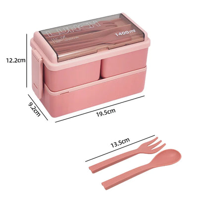 Bento Lunchbox 1400ml Dubbellaags – Broodtrommel met Bestek, Magnetronbestendig voor Volwassenen & Kinderen