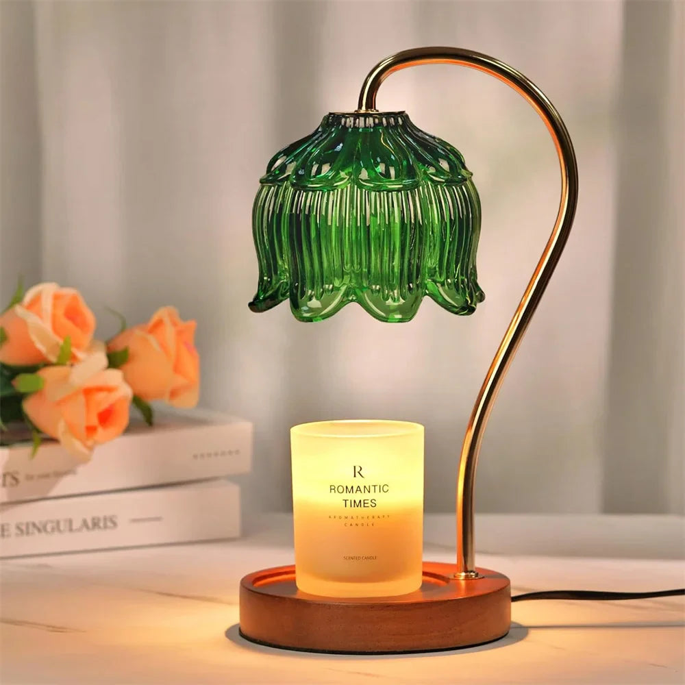 Kaarsverwarmer Lamp Retro – Dimbare Wax Smeltlamp met Glazen Kap & Houten Voet