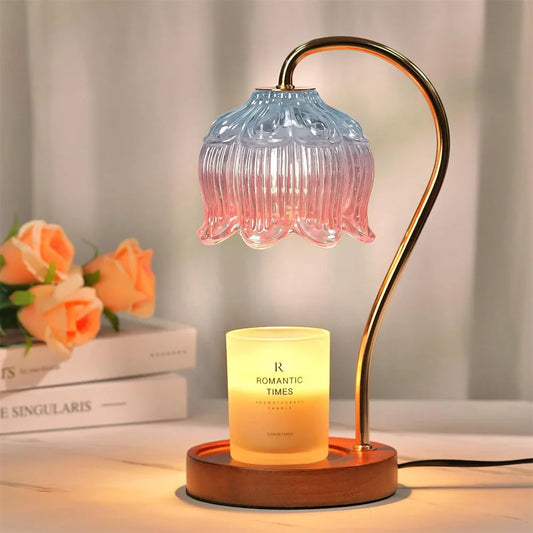 Kaarsverwarmer Lamp Retro – Dimbare Wax Smeltlamp met Glazen Kap & Houten Voet
