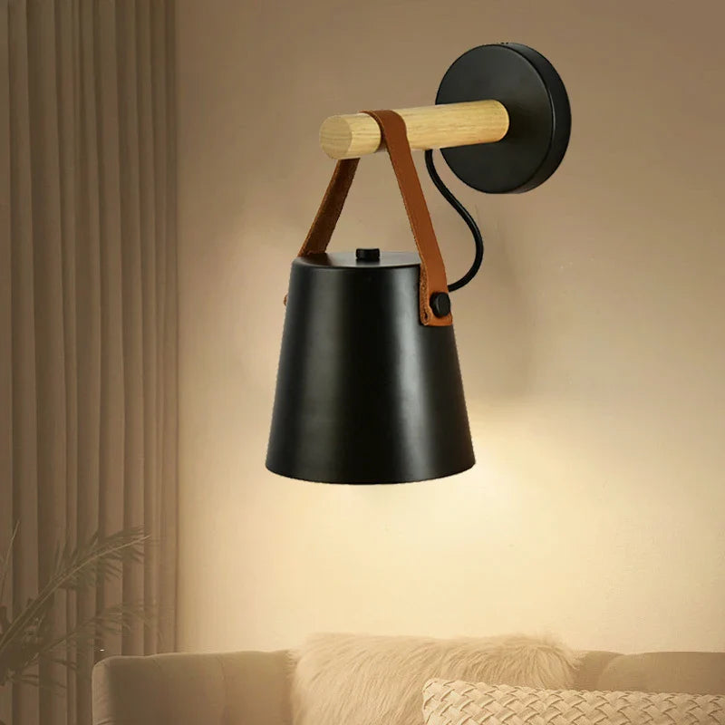 Wandlamp Hout & Leer – Nordic Bedlamp met Verstelbaar Snoer