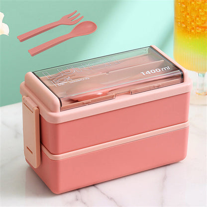 Bento Lunchbox 1400ml Dubbellaags – Broodtrommel met Bestek, Magnetronbestendig voor Volwassenen & Kinderen
