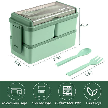 Bento Lunchbox 1400ml Dubbellaags – Broodtrommel met Bestek, Magnetronbestendig voor Volwassenen & Kinderen