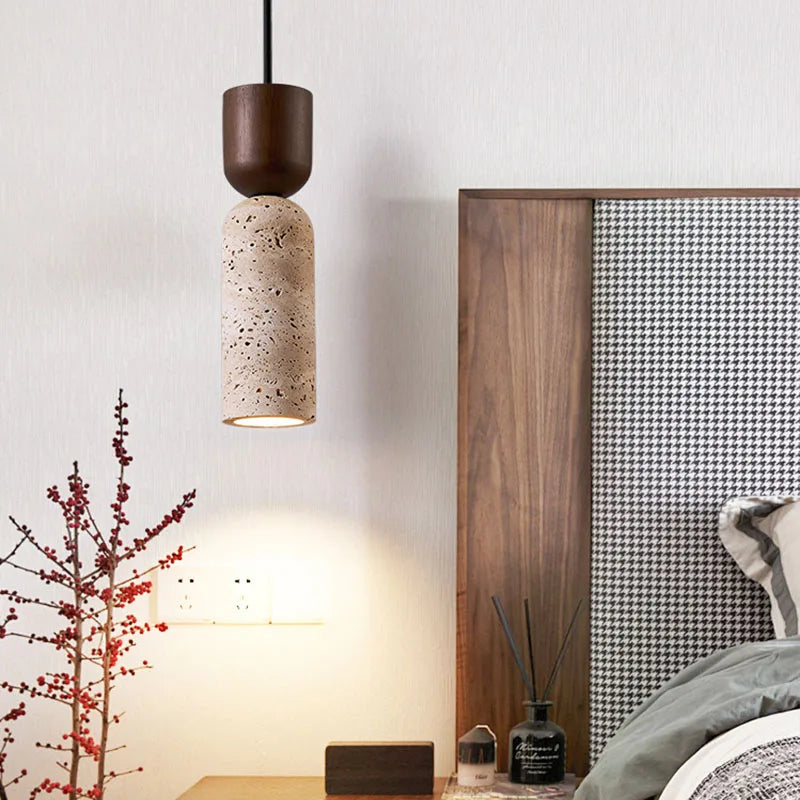 Hanglamp Travertijn & Hout – Wabi-Sabi Japandi Pendel voor Slaapkamer