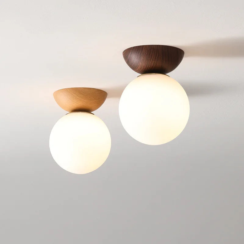 Glazen Bollamp Hout – Nordic Hang- of Plafondlamp in Twee Houtkleuren