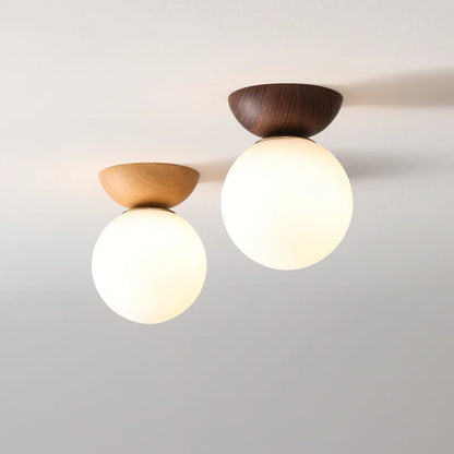 Glazen Bollamp Hout – Nordic Hang- of Plafondlamp in Twee Houtkleuren