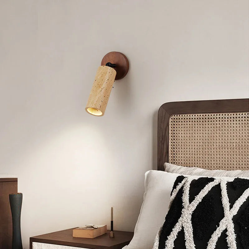 Wandlamp Wabi-Sabi Travertijn & Hout – Japandi Sfeerlamp voor Slaapkamer