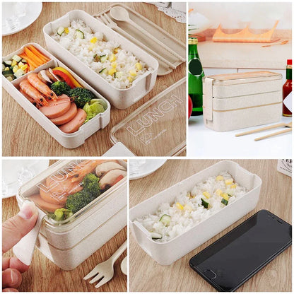 Bento Lunchbox 3 Lagen Tarwestro – Duurzame Broodtrommel 900ml met Bestek
