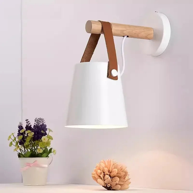 Wandlamp Hout & Leer – Nordic Bedlamp met Verstelbaar Snoer