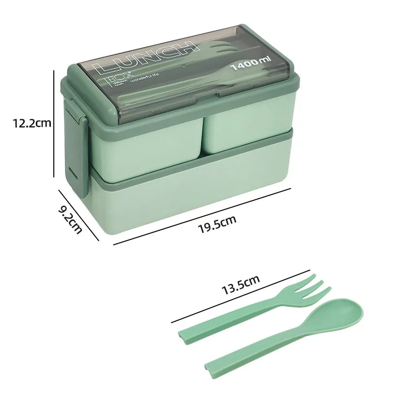 Bento Lunchbox 1400ml Dubbellaags – Broodtrommel met Bestek, Magnetronbestendig voor Volwassenen & Kinderen