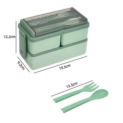Bento Lunchbox 1400ml Dubbellaags – Broodtrommel met Bestek, Magnetronbestendig voor Volwassenen & Kinderen