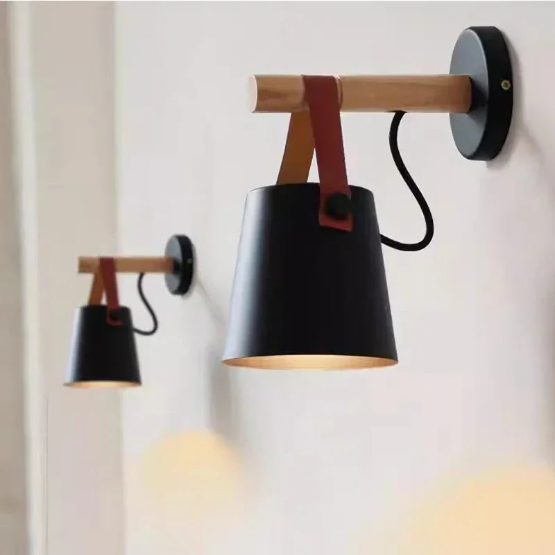 Wandlamp Hout & Leer – Nordic Bedlamp met Verstelbaar Snoer
