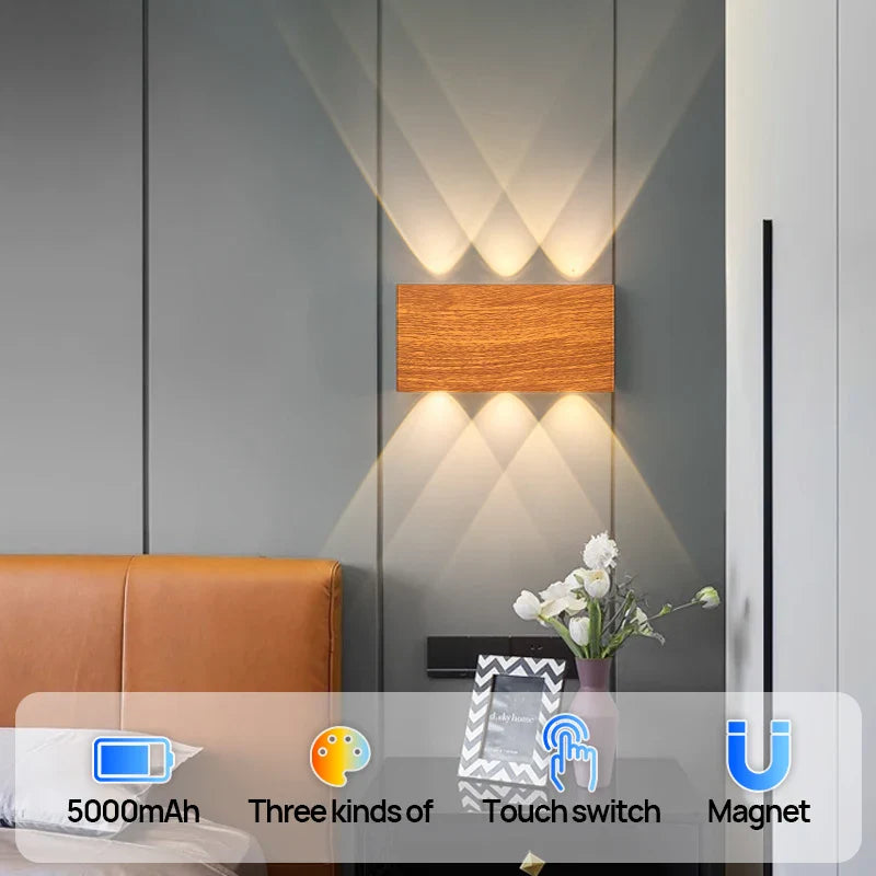 Oplaadbare Wandlamp Houtlook – Draadloze LED met 3 Lichtkleuren, Geen Boren Nodig