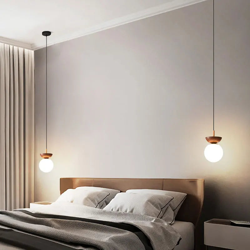 Glazen Bollamp Hout – Nordic Hang- of Plafondlamp in Twee Houtkleuren