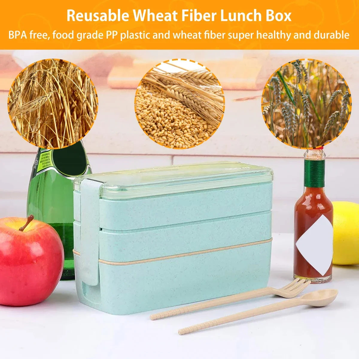 Bento Lunchbox 3 Lagen Tarwestro – Duurzame Broodtrommel 900ml met Bestek