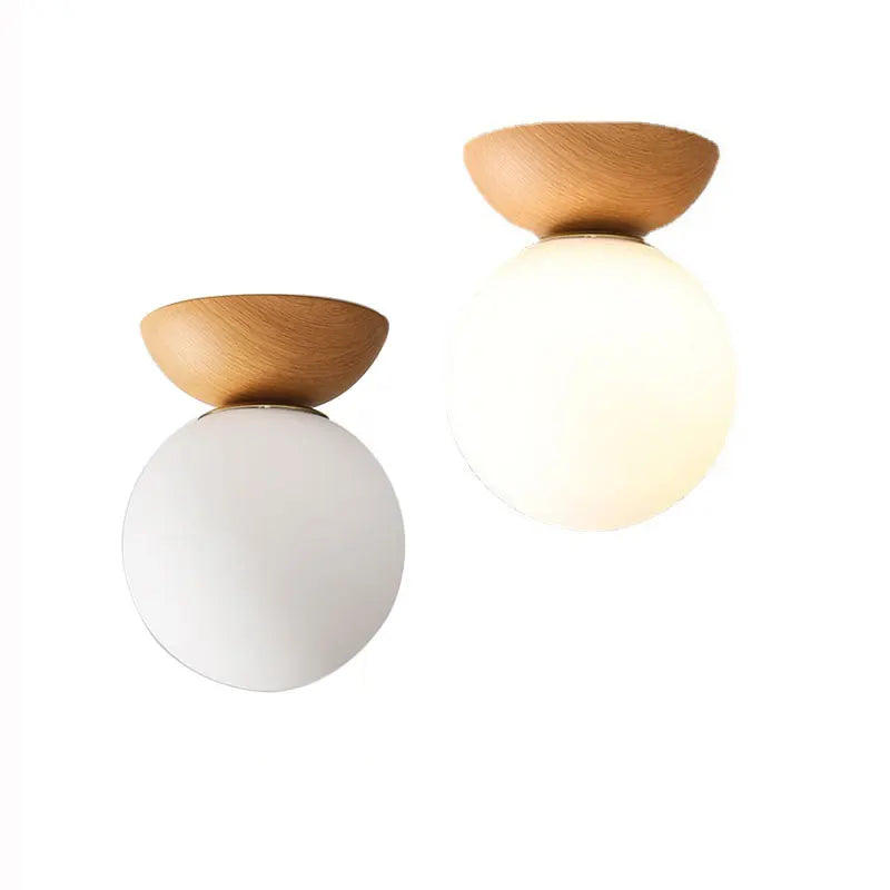 Glazen Bollamp Hout – Nordic Hang- of Plafondlamp in Twee Houtkleuren