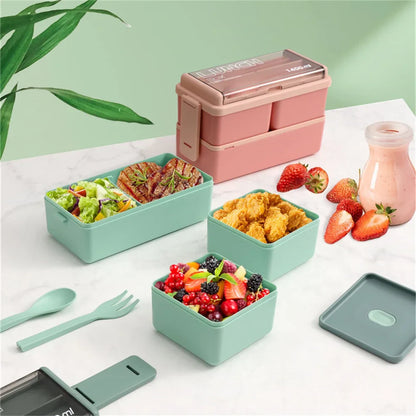 Bento Lunchbox 1400ml Dubbellaags – Broodtrommel met Bestek, Magnetronbestendig voor Volwassenen & Kinderen