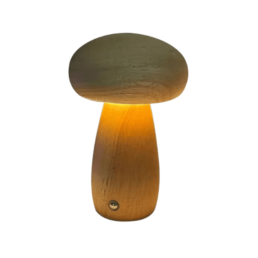 Portobello Mushroom Lamp Hout – Oplaadbare Dimbare LED Nachtlamp in Natuurlijk Hout