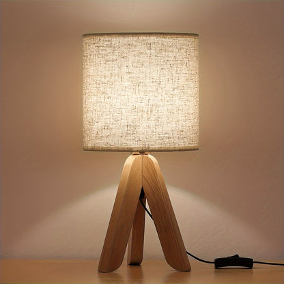 Tafellamp Driepoot Hout – Scandinavische Sfeerlamp met Stoffen Kap