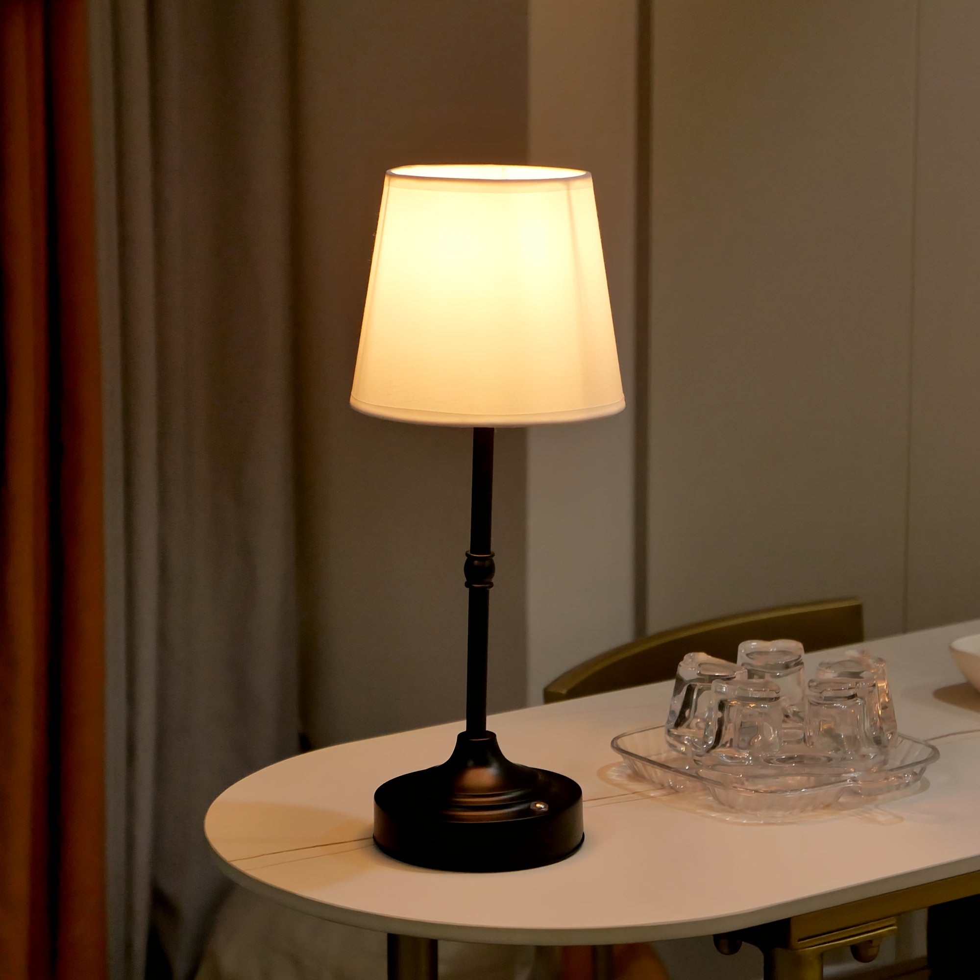 Draadloze Tafellamp Geborsteld Goud – Oplaadbare Dimbare Sfeerlamp met Stoffen Kap