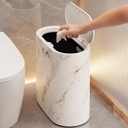 Prullenbak Marmerlook met Deksel – Moderne Compacte Afvalemmer voor Badkamer & Keuken