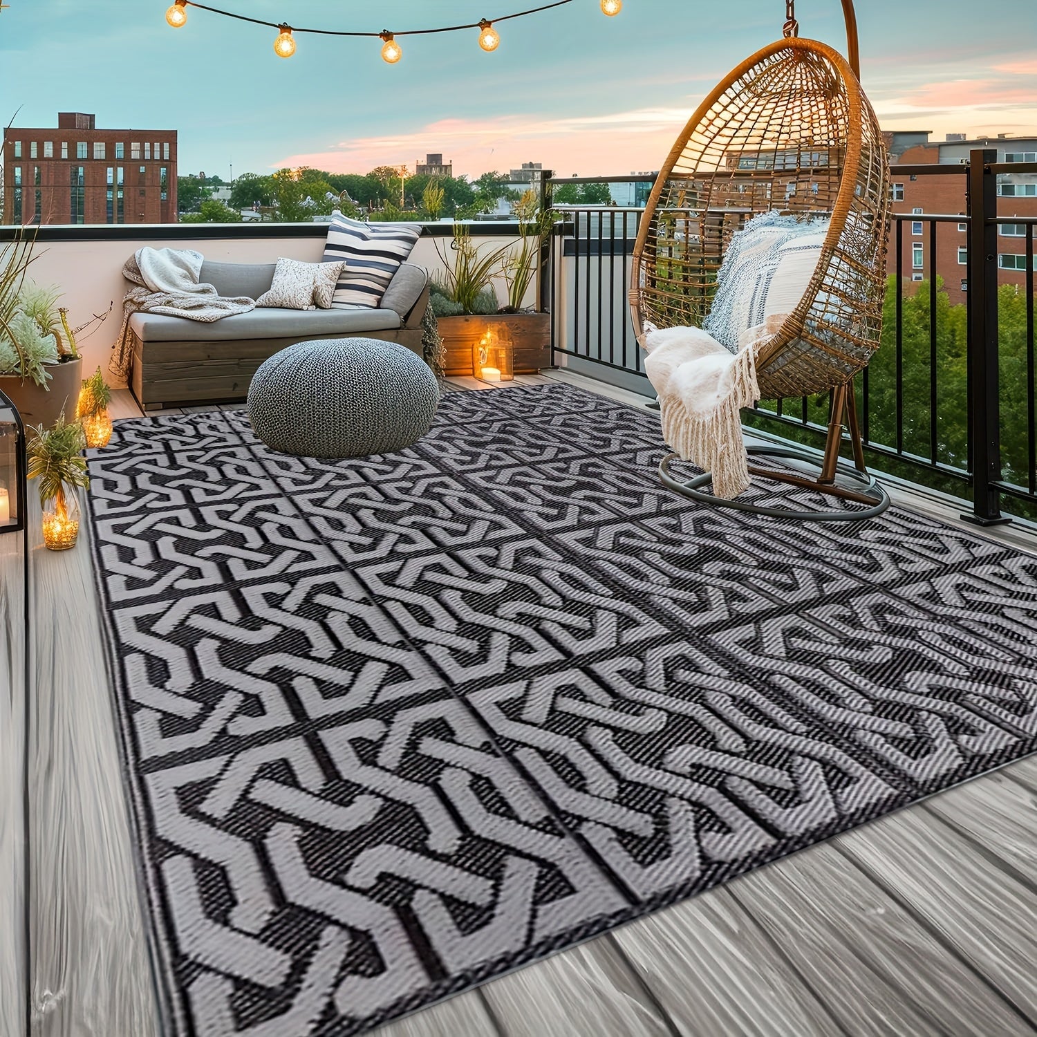 Buitenkleed Omkeerbaar – Modern Terraskleed Zwart & Grijs, Weerbestendig
