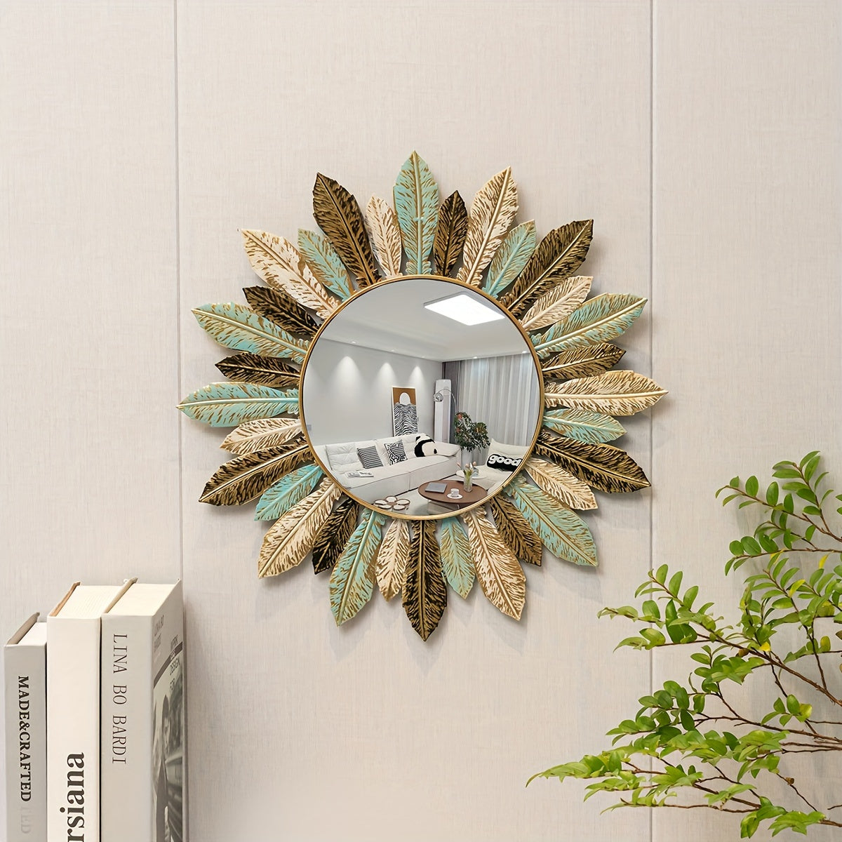 Wandspiegel Zonnestraal Bohemian – Metalen Sierspiegel in Groenblauw & Goud