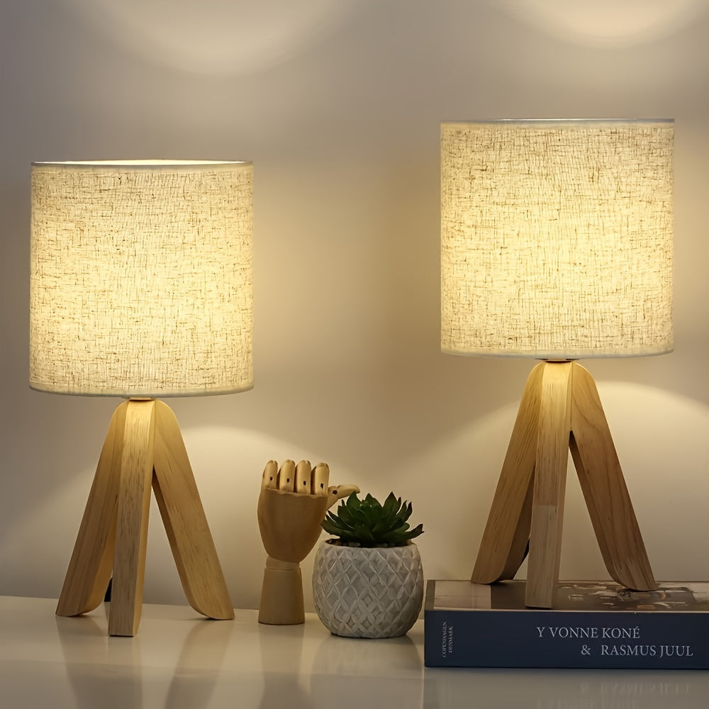 Tafellamp Driepoot Hout – Scandinavische Sfeerlamp met Stoffen Kap