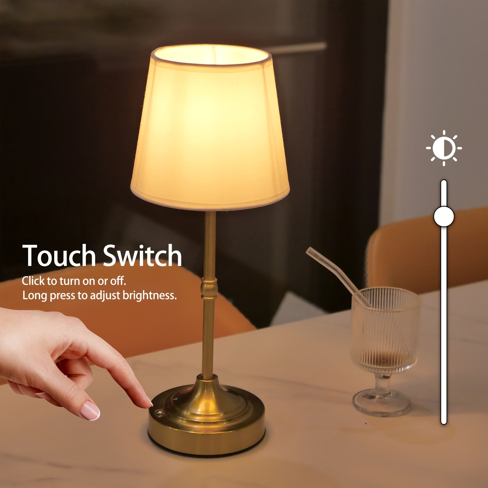 Draadloze Tafellamp Geborsteld Goud – Oplaadbare Dimbare Sfeerlamp met Stoffen Kap