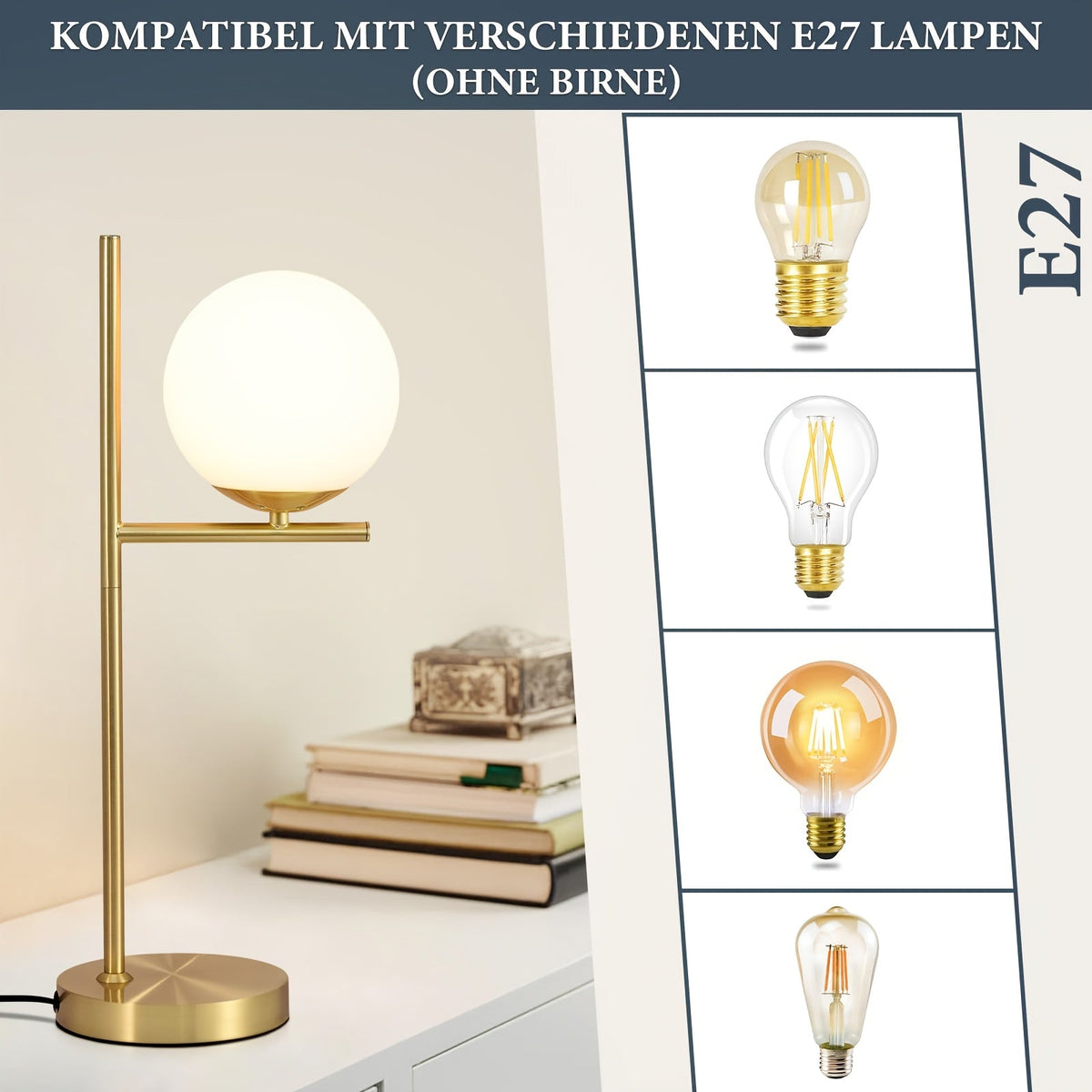 Tafellamp Goud met Witte Glasbol – Moderne Sfeerlamp voor Woonkamer & Nachtkastje