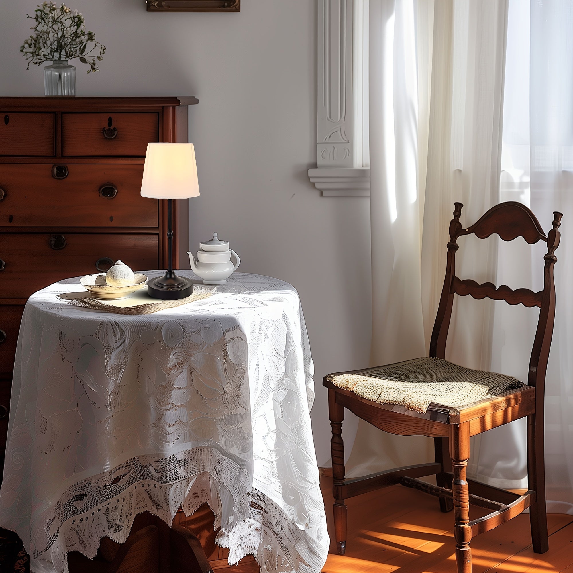 Draadloze Tafellamp Geborsteld Goud – Oplaadbare Dimbare Sfeerlamp met Stoffen Kap