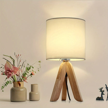Tafellamp Driepoot Hout – Scandinavische Sfeerlamp met Stoffen Kap