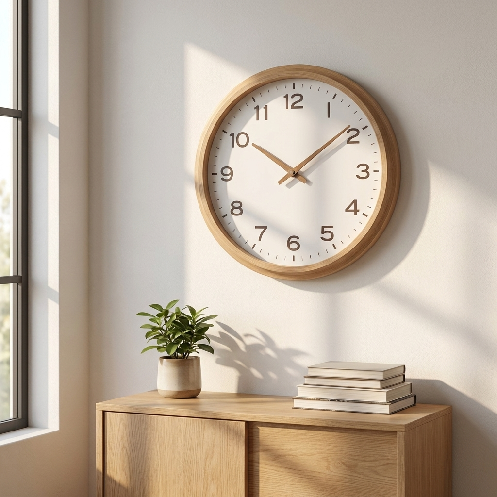Houten wandklok stil in Scandinavische woonkamer