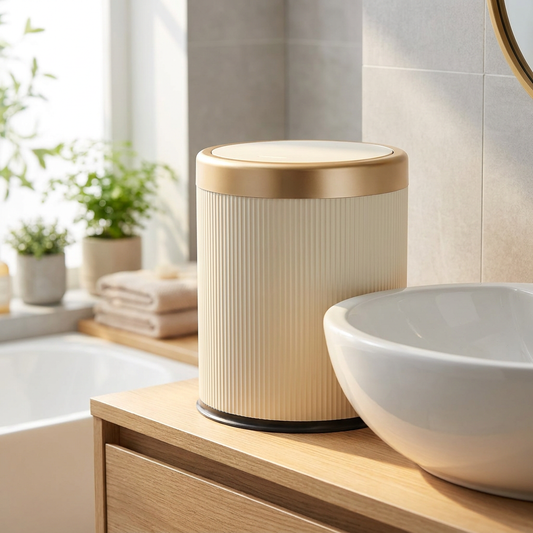 Luxe ovale prullenbak met druktop in moderne badkamer