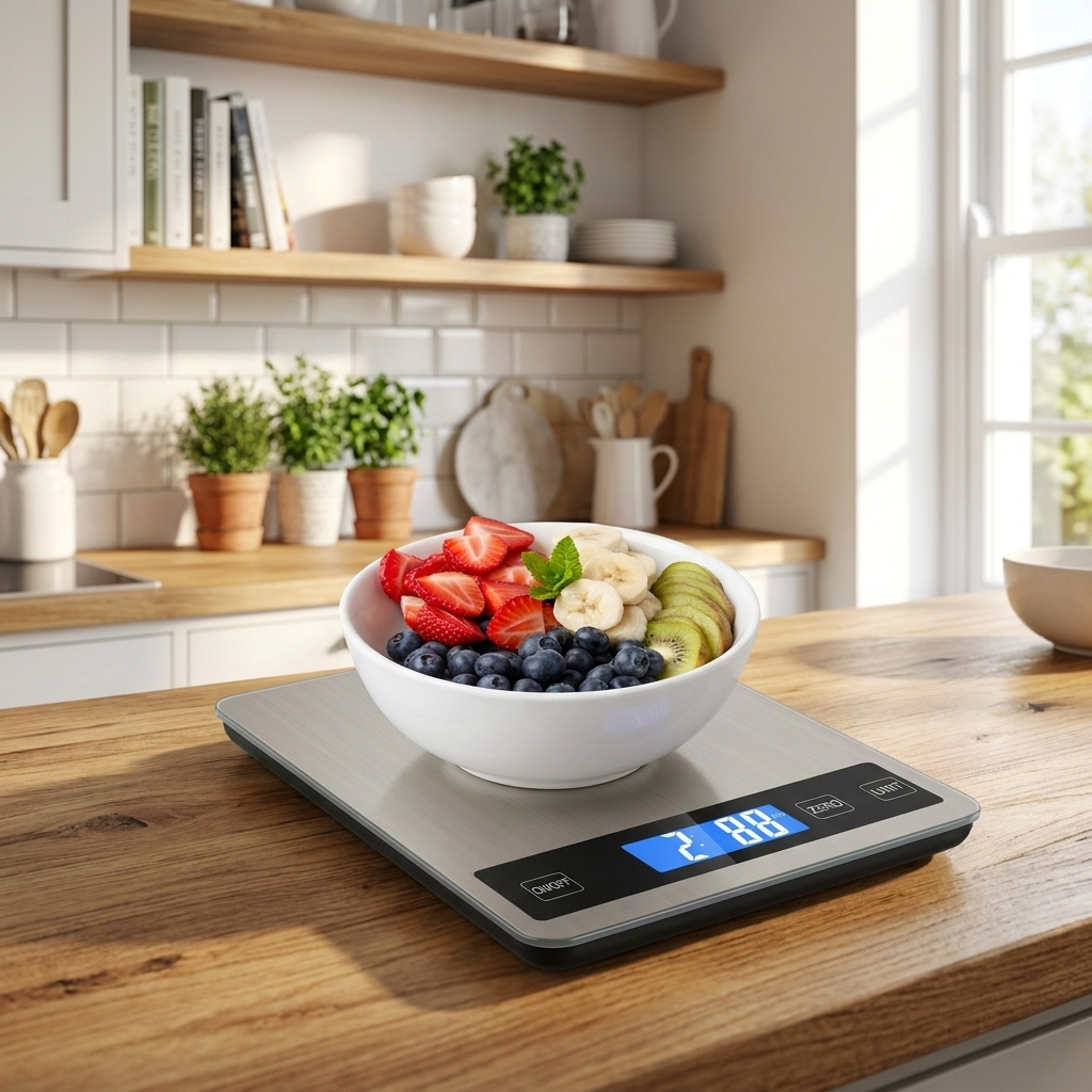 Digitale keukenweegschaal op houten aanrecht