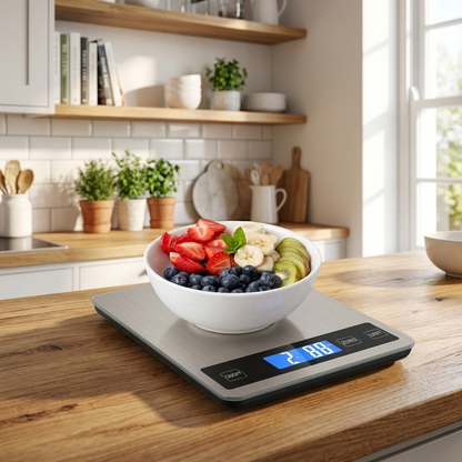 Digitale keukenweegschaal op houten aanrecht