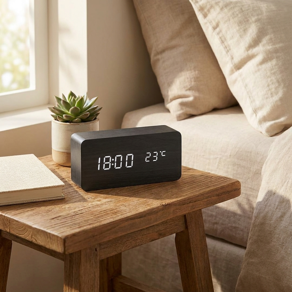 Digitale houten wekker op nachtkastje