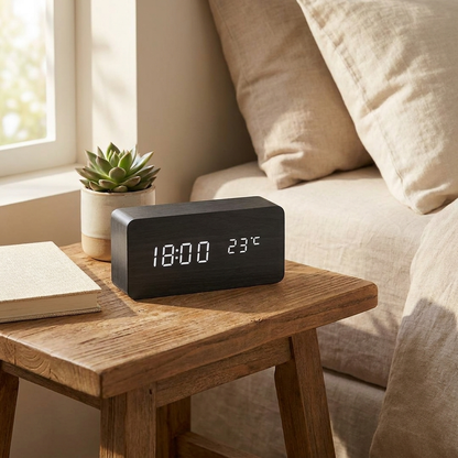 Digitale houten wekker op nachtkastje