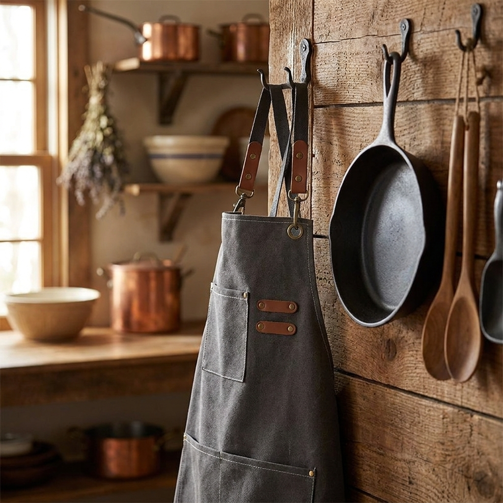 Canvas keukenschort hangend in keuken