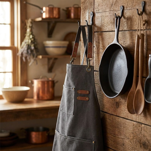 Canvas keukenschort hangend in keuken