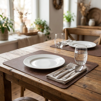 Leerlook placemats op gedekte eettafel