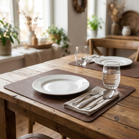 Leerlook placemats op gedekte eettafel