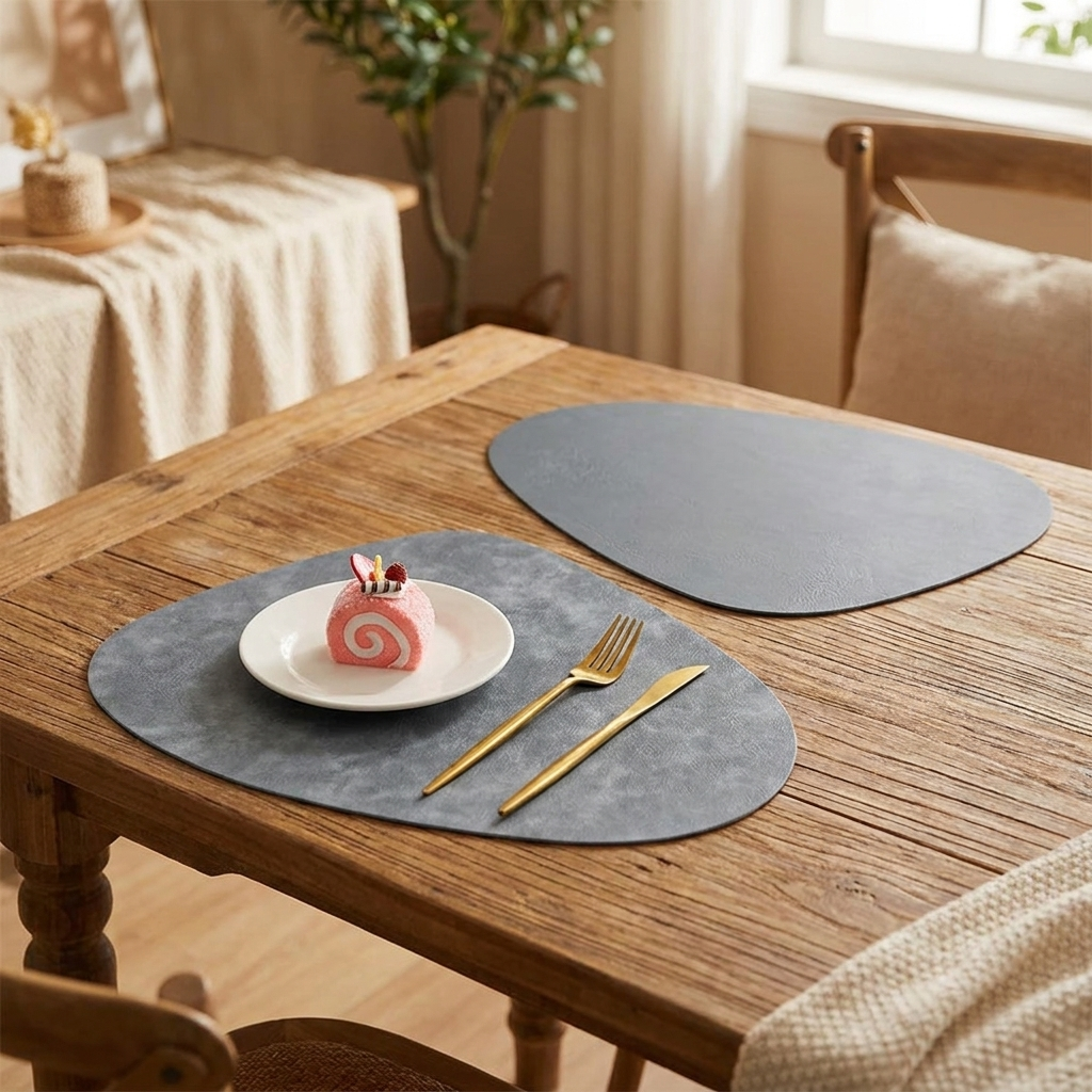 Leerlook placemats op gedekte tafel