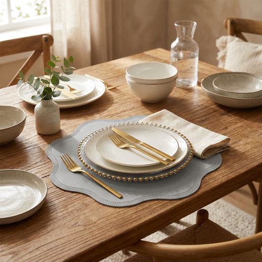 Ronde leerlook placemats op eettafel