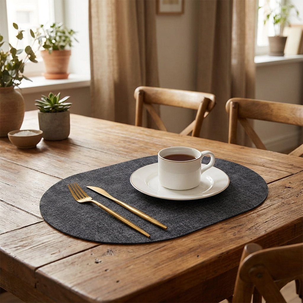 Ovale leerlook placemats op eettafel