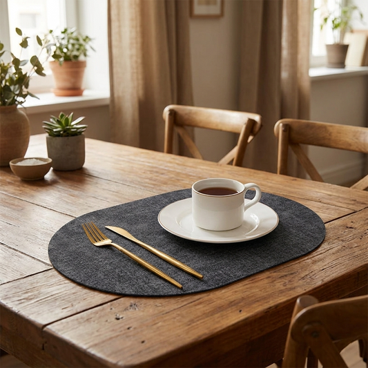 Ovale leerlook placemats op eettafel