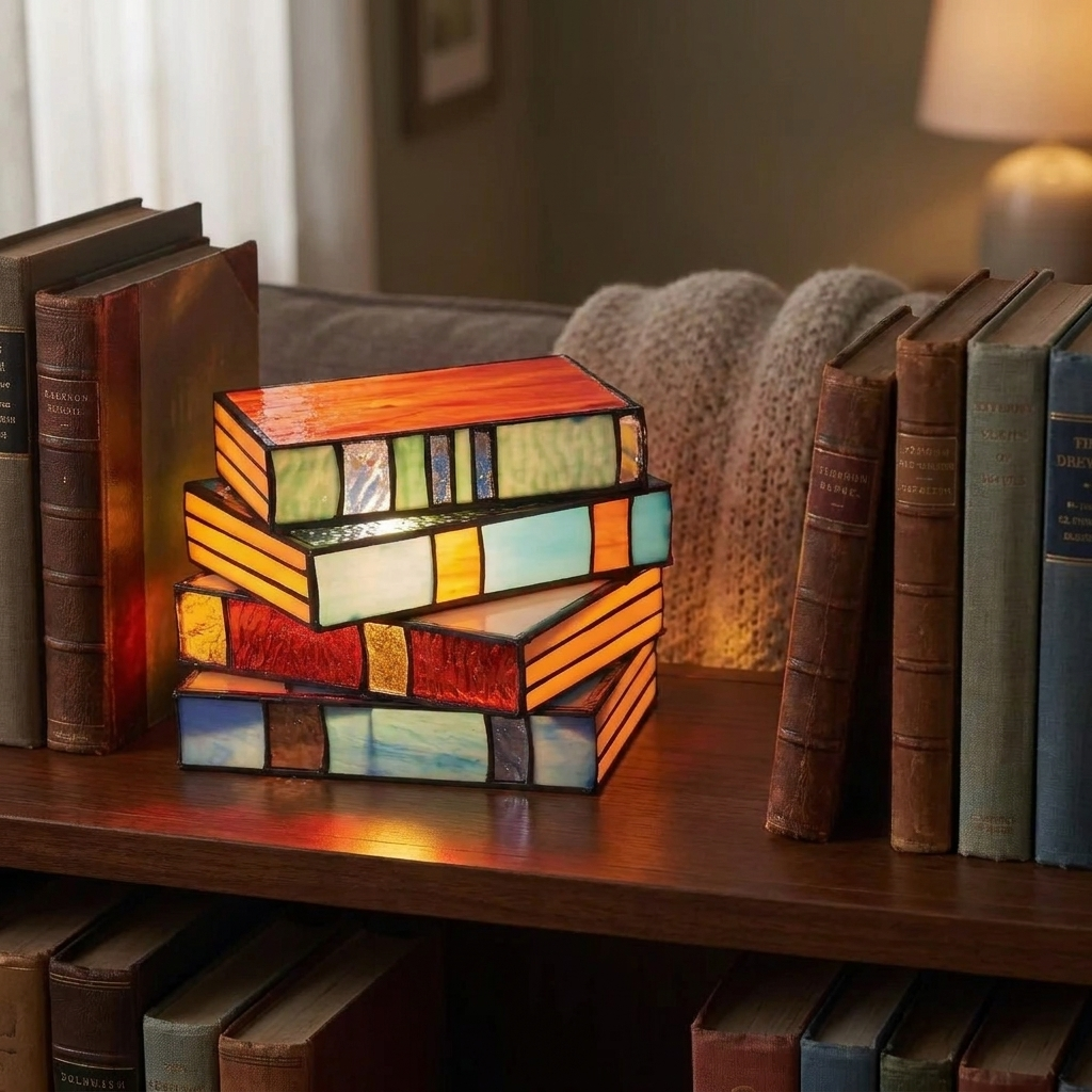 Glas-in-lood boeklamp op boekenplank