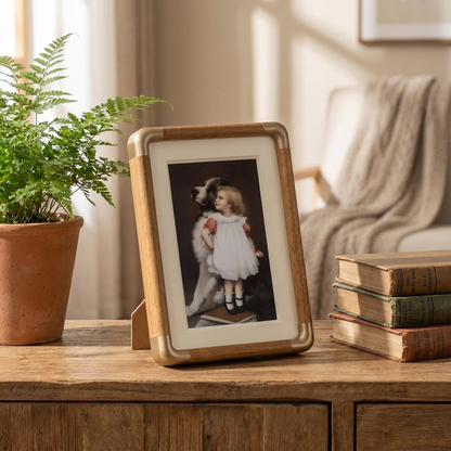 Houten fotolijst op dressoir